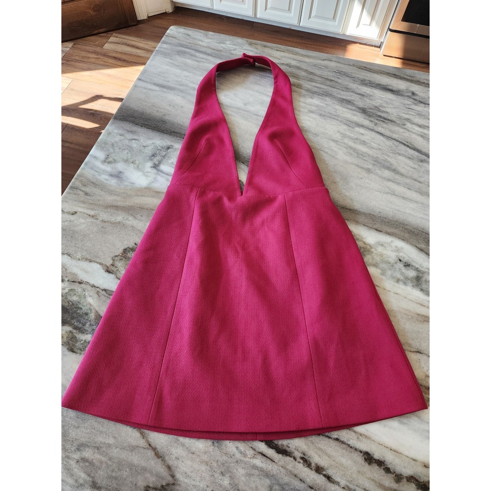 Tuckernuck Halter Mini Dress Deep V-Neck Textured Crepe Magenta Small